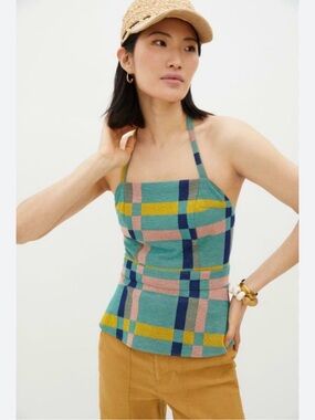 Eva Franco Anthropologie modern plaid halter top shirt women s small